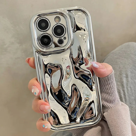 Parlak 3D Göktaşı Doku Kaplama Gümüş Telefon Kılıfı iPhone 14 13 12 15 Pro Max 11 Kamera Koruyucu Metal Renkli Arka Kapak